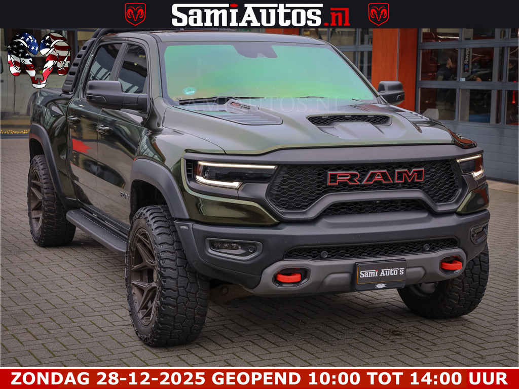 Dodge Ram 1500 TRX OLEA GREEN HELLCAT 6.2 V8 712PK | CARBON PACK | RODE STIKSELS | BOM VOL | 4PLAY WHEELS | DUBBELE CABINE | 5 PERSOONS DC | DE MOOISTE VAN NL | 12